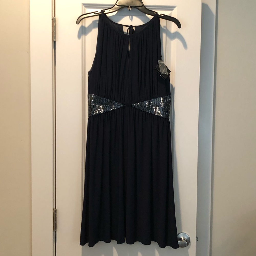 NWT WHBM Navy Keyhole Beaded Fit And Flare Jersey Dress